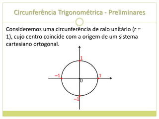 Circunferência Trigonométrica - Preliminares

Consideremos uma circunferência de raio unitário (r =
1), cujo centro coincide com a origem de um sistema
cartesiano ortogonal.

                             1
                            •

                   –1•
                            •0     •1


                            •
                          –1
 