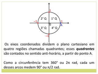 1
                                •
                         2° Q        1° Q
                   –1•
                                •0          •1
                                             A
                         3° Q        4° Q
                              •
                            –1

 Os eixos coordenados dividem o plano cartesiano em
quatro regiões chamadas quadrantes; esses quadrantes
são contados no sentido anti-horário, a partir do ponto A.

Como a circunferência tem 360° ou 2π rad, cada um
desses arcos medem 90° ou π/2 rad.
 