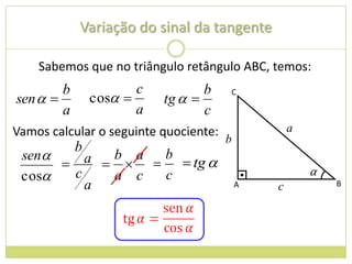 Variação do sinal da tangente

    Sabemos que no triângulo retângulo ABC, temos:
        b              c          b
sen           cos      tg  
                                       C

        a              a          c
Vamos calcular o seguinte quociente:               a
                                       b
            b
 sen     a  b  a  b  tg 
                                                      α
 cos   c     a c     c
          a                                A   c           B
 