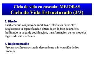 3. Diseño Establecer un conjunto de módulos e interficies entre ellos, desglosando la especificación obtenida en la fase de análisis, facilitando la tarea de codificación, transformación de los modelos lógicos de datos a físicos 4. Implementación Programación estructurada descendente e integración de los módulos Ciclo de vida en cascada: MEJORAS Ciclo de Vida Estructurado (2/3) 
