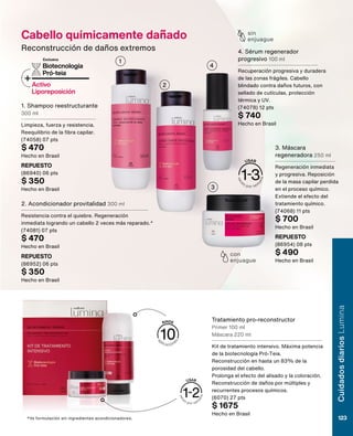Tratamiento pro-reconstructor
Primer 100 ml
Máscara 220 ml
Kit de tratamiento intensivo. Máxima potencia
de la biotecnología Pró-Teia.
Reconstrucción en hasta un 83% de la
porosidad del cabello.
Prolonga el efecto del alisado y la coloración.
Reconstrucción de daños por múltiples y
recurrentes procesos químicos.
(6070) 27 pts
$ 1675
Hecho en Brasil
1. Shampoo reestructurante
300 ml
Limpieza, fuerza y resistencia.
Reequilibrio de la fibra capilar.
(74058) 07 pts
$ 470
Hecho en Brasil
2. Acondicionador provitalidad 300 ml
Resistencia contra el quiebre. Regeneración
inmediata logrando un cabello 2 veces más reparado.*
(74081) 07 pts
$ 470
Hecho en Brasil
3. Máscara
regeneradora 250 ml
Regeneración inmediata
y progresiva. Reposición
de la masa capilar perdida
en el proceso químico.
Extiende el efecto del
tratamiento químico.
(74068) 11 pts
$ 700
Hecho en Brasil
4. Sérum regenerador
progresivo 100 ml
Recuperación progresiva y duradera
de las zonas frágiles. Cabello
blindado contra daños futuros, con
sellado de cutículas, protección
térmica y UV.
(74078) 12 pts
$ 740
Hecho en Brasil
Cabello químicamente dañado
Reconstrucción de daños extremos
1
2
3
4
sin
enjuague
Biotecnología
Pró-teia
+Activo
Liporeposición
Exclusiva
REPUESTO
(86940) 06 pts
$ 350
Hecho en Brasil
REPUESTO
(86954) 08 pts
$ 490
Hecho en Brasil
*Vs formulación sin ingredientes acondicionadores.
con
enjuague
REPUESTO
(86952) 06 pts
$ 350
Hecho en Brasil
Cuidados
diarios
Lumina
123
 