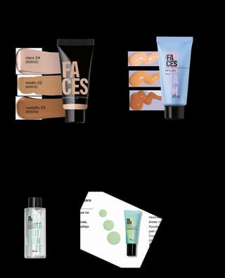 Rostro
Base líquida 20 ml
FPS 8.
Acabado uniforme y
natural.
11 pts
$ 680
Hecho en Brasil
BB cream 20 g
1 producto 3 beneficios: uniformiza
el tono de la piel, protege e hidrata.
Rápido, práctico y para cualquier
momento del día.
11 pts
$ 720
Hecho en Brasil
castaño 20
(94224)
claro 24
(94223)
medio 22
(94220)
Desmaquillante para
rostro 120 ml
Fórmula suave que no
agrede la piel.
Remueve impurezas,
oleosidad y maquillaje
común*.
(84996) 12 pts
$ 770
Hecho en Brasil
*No remueve maquillaje
a prueba de agua.
Agua
micelar
Neutralizador de espinillas
10 g
Fórmula líquida con color
neutralizador verde que disimula
áreas rojizas e imperfecciones.
Ayuda a mejorar el aspecto de la
piel con acné.
Con ácido salicílico.
(90176) 10 pts
$ 610
Hecho en Brasil
medio 22
(82612)
claro 24
(82602)
castaño 20
(82604)
94
 