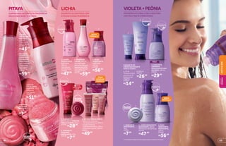 SABONETE
EM BARRA
EXÓTICO, 90 g
23760
R$7,99
VIOLETA+PEÔNIA
FRAGRÂNCIA FLORAL E DELICADA PARA
UMA PELE MACIA E PERFUMADA
SABONETE EM
CREME SUAVIZANTE
PARA O CORPO
1.75 ml
Tamanho ideal
para levar na
bolsa ou em
viagens.
23559
R$14,99
2. 200 ml
23553
R$26,99
1
3
4
5
6
LICHIA
DESPERTE OS SENTIDOS COM
ESTA DELICIOSA FRAGRÂNCIA
4
5
4
1
6
2
3
3. ÓLEO
HIDRATANTE
EXÓTICO,
250 ml
22588
R$56,99
2. ÁGUAS DE
LICHIA, 365 ml
A combinação
das notas doces e
aquosas da lichia
com notas florais
transparentes.
16743
R$59,99
1. LOÇÃO
HIDRATANTE
EXÓTICA,
400 ml
Hidrata por
até 30 horas.
25008
R$47,99
ÓTIMA
OPÇÃO DE
PRESENTE
ESFOLIAÇÃO
SUAVE
2
MÃOS
3. SABONETE
CREMOSO
SUAVIZANTE PARA
AS MÃOS, 250 ml
23643
R$29,99
6.ÓLEO
HIDRATANTE
SUAVIZANTE,
250ml
25942
R$56,99
5.LOÇÃOHIDRATANTE
SUAVIZANTE,400ml
Hidrataporaté30horas.
22148
R$47,99
4. SABONETE
SUAVIZANTE,
90 g
23761
R$7,99
NOVA
FÓRMULA*
NOVA
FÓRMULA*
*Vocêpoderáreceberafórmulaantigaenquantoduraremosestoques.
LOÇÃO
HIDRATANTE
EXÓTICA,
400 ml
Hidrata por
até 30 horas.
25396
R$45,99
ÁGUAS DE
PITAYA, 365 ml
Combinação
suculenta de
notas frutais
com toque de
framboesa,
morango e
cranberry.
24442
R$59,99
AÇÚCAR
ESFOLIANTE
EXÓTICO, 290 g
Esfoliante
quehidrata.
25892
R$51,99
PITAYA
SURPREENDA-SE COM ESTA FRAGRÂNCIA
DELICIOSA E SUAS TEXTURAS
4. SABONETE
ESFOLIANTE EXÓTICO
PARA O CORPO, 200 g
23745
R$28,99
5. SABONETE
EM BARRA
ESFOLIANTE, 90 g
23538
R$7,99
6. KIT SPA PARA O CORPO
• Sabonete Cremoso
Esfoliante Exótico, 100 ml
• LoçãoCremosa
HidratanteExótica,100ml
• Sabonete Líquido, 100 ml
16800
R$49,99
63
NATIVASPA
BELEZA
FEMININA
62
 