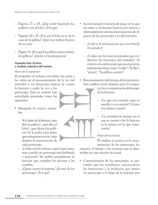 Herramienta para la vida: hablar, leer y escribir para comprender el mundo110
Referentes para la didáctica del lenguaje en el primer ciclo
Páginas 27 y 28: ¿Qué están haciendo los--
pollitos con el lobo? ¿Por qué?
Páginas 29 y 30: ¿Por qué el lobo se va de la--
casa de la gallina? ¿Qué nos indica el gesto
de su cara?
Página 31: ¿Por qué los pollitos están comien---
do galletas? ¿Quién se las prepararía?
Segunda fase: lectura
y análisis colectivo del cuento.
Plano de la narración
El propósito al trabajar este plano fue guiar a
los niños en el reconocimiento de la voz del
narrador y sus funciones básicas de contar
la historia y ceder la voz a los
personajes. Esto se orientó con
actividades puntuales como las
siguientes:
Búsqueda de marcas textua-••
les:
Alolargodelahistoria,¿qué--
dice la gallina?, ¿qué dice el
lobo?, ¿qué dicen los polli-
tos? Se le pidió a los niños
quesubrayaranconuncolor
distinto la intervención de
cada personaje.
¿Cuáles son las marcas o signos que mues---
tran cuando un personaje está hablando
o pensando? Se analizó grupalmente la
función que cumplen los guiones y las
comillas.
¿Quién cuenta la historia? ¿Es uno de los--
personajes? ¿Por qué?
Lectura grupal a manera de juego en la que••
los niños y el docente leyeron por turnos y
alternadamente solo las intervenciones de al-
gunos de los personajes y la del narrador.
¿Cuál es la información que nos brinda--
el narrador?
¿Cuáles son las marcas textuales que evi---
dencian las funciones del narrador? Se
orientó a los niños para que reconocieran
expresionesclavescomo“sedijo”,“ledijo”,
“pensó”, “la gallina cacareó”.
Reconocimiento del tiempo de la narración.••
Este análisis sirvió después para la compa-
ración y comprensión del tiempo
de la historia.
¿Lo que nos cuentan aquí ya--
sucedió o va a suceder? ¿Cómo
nos damos cuenta?
¿La cantidad de tiempo en el--
que se cuenta o lee la historia
es la misma en la que trans-
currió?
Plano de la historia
El análisis se centró en la carac-
terización de los personajes, los
espacios, el tiempo y las acciones que se desa-
rrollan en este mundo ficcional.
Caracterización de los personajes: se pre-••
tendió que los estudiantes reconocieran
las intenciones y la evolución que tienen
los personajes a lo largo de la historia; por
 