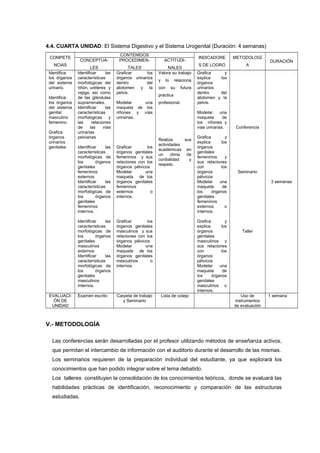 4.4. CUARTA UNIDAD: El Sistema Digestivo y el Sistema Urogenital (Duración: 4 semanas)
COMPETE
NCIAS
CONTENIDOS
INDICADORE
S DE LOGRO
METODOLOGÍ
A
DURACIÓNCONCEPTUA-
LES
PROCEDIMEN-
TALES
ACTITUDI-
NALES
Identifica
los órganos
del sistema
urinario.
Identifica
los órganos
del sistema
genital
masculino
femenino.
Grafica
órganos
urinarios
genitales
Identificar las
características
morfológicas del
riñón, uréteres y
vejiga, así como
de las glándulas
suprarrenales.
Identificar las
características
morfológicas y
las relaciones
de las vías
urinarias
pelvianas
Identificar las
características
morfológicas de
los órganos
genitales
femeninos
externos
Identificar las
características
morfológicas de
los órganos
genitales
femeninos
internos.
Identificar las
características
morfológicas de
los órganos
genitales
masculinos
externos
Identificar las
características
morfológicas de
los órganos
genitales
masculinos
internos.
Graficar los
órganos urinarios
dentro del
abdomen y la
pelvis.
Modelar una
maqueta de los
riñones y vías
urinarias.
Graficar los
órganos genitales
femeninos y sus
relaciones con los
órganos pélvicos
Modelar una
maqueta de los
órganos genitales
femeninos
externos o
internos.
Graficar los
órganos genitales
masculinos y sus
relaciones con los
órganos pélvicos
Modelar una
maqueta de los
órganos genitales
masculinos o
internos.
Valora su trabajo
y lo relaciona
con su futura
práctica
profesional.
Realiza sus
actividades
académicas en
un clima de
cordialidad y
respeto.
Grafica y
explica los
órganos
urinarios
dentro del
abdomen y la
pelvis.
Modelar una
maqueta de
los riñones y
vías urinarias.
Grafica y
explica los
órganos
genitales
femeninos y
sus relaciones
con los
órganos
pélvicos
Modelar una
maqueta de
los órganos
genitales
femeninos
externos o
internos.
Grafica y
explica los
órganos
genitales
masculinos y
sus relaciones
con los
órganos
pélvicos
Modelar una
maqueta de
los órganos
genitales
masculinos o
internos.
Conferencia
Seminario
Taller
3 semanas
EVALUACI-
ÓN DE
UNIDAD
Examen escrito Carpeta de trabajo
y Seminario
Lista de cotejo Uso de
instrumentos
de evaluación
1 semana
V.- METODOLOGÍA
Las conferencias serán desarrolladas por el profesor utilizando métodos de enseñanza activos,
que permitan el intercambio de información con el auditorio durante el desarrollo de las mismas.
Los seminarios requieren de la preparación individual del estudiante, ya que explorará los
conocimientos que han podido integrar sobre el tema debatido.
Los talleres constituyen la consolidación de los conocimientos teóricos, donde se evaluará las
habilidades pràcticas de identificación, reconocimiento y comparación de las estructuras
estudiadas.
 