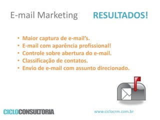E-mail Marketing
•
•
•
•
•

RESULTADOS!

Maior captura de e-mail’s.
E-mail com aparência profissional!
Controle sobre abertura do e-mail.
Classificação de contatos.
Envio de e-mail com assunto direcionado.

www.ciclocrm.com.br

 