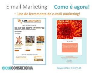E-mail Marketing

Como é agora!

• Uso de ferramenta de e-mail marketing!

www.ciclocrm.com.br

 