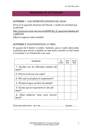 EL CICLO DEL AGUA
PROGRAMA DE ACTIVIDADES
ACTIVIDAD 1. ¡LOS DIFERENTES SONIDOS DEL AGUA!
Entra en la siguiente dirección de Internet y realiza la actividad que
se plantea:
http://concurso.cnice.mec.es/cnice2005/63_el_agua/actividades/acti
v_ag3.html
¿Qué te sugieren estos sonidos?
ACTIVIDAD 2: PLANTEÁNDONOS LA TAREA
En grupos de 4 decidir si sabéis bastante, poco o nada sobre estas
cuestiones que vamos a estudiar en este tema y escribir en dos líneas
si os parece o no interesante y por qué.
Cuestiones Sé
mucho
Séun
poco
No sé
nada
1. ¿Cuáles son los diferentes estados del
agua?
. 2. ¿Cómo se forma una nube?
. 3. ¿Por qué se produce la evaporación?
4. ¿Puede el agua cambiar de estado?
5. ¿Crees que es importante el ciclo del
agua?
6. ¿Qué podemos hacer para ahorrar
agua?
Creo que este tema va a ser…………………………… porque .......
………………………………………………………………………………
SECUENCIA DIDÁCTICA. 4º Curso de Primaria.
Conocimiento del medio natural y social
5
 