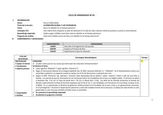 1
CICLO DE APRENDIZAJE Nº 03
I. INFORMACION:
Fecha: Para el 16/01/2016
Título de la lección: LA REBELIÓN GLOBAL Y LOS PATRIARCAS
Tema: Dios y la rebelión en el tiempo patriarcal
Concepto CCE: Dios realiza lleno de gracia su plan de salvación en la vida de cada creyente mientras produce curación y reconciliación.
Aprendizaje esperado: Explica según la Biblia como Dios trata la rebelión en el tiempo patriarcal.
Pregunta de análisis: ¿Qué dice la Biblia acerca de Dios y la rebelión en el tiempo patriarcal?
II. COMPONENTES Y CAPACIDADES
COMPONENTES CAPACIDADES
SABER Describe el Arraigamiento del pecado
SENTIR Acepta la Promesa de Dios
HACER Experimenta el plan de salvación
Ciclo del
aprendizaje
Estrategias Metodológicas Tiempo
MOTIVACION
 Captar el interés
 Focalización
 Saberes previos
 Capacidades
 Análisis
CONEXIÓN:
 ¿Cuáles crees que son las causas que destruyen las relaciones interpersonales?
Se declara el tema
 ¿Qué significa “Rebelión”? ¿Qué significa “Patriarca”?
 Según el Diccionario Manual de la Lengua Española Vox. © 2007 Larousse Editorial, S.L. “Rebelión”, es el levantamiento contra una
autoridad o gobierno, en especial cuando se realiza con el fin de derrocarlo y sustituirlo por otro.
 Según el DBA “Patriarca” (gr. patriárj's, "primero [más destacado] de los padres"; pater, "padre"). Padre o jefe de una tribu o
familia. Los patriarcas que se mencionan en las Escrituras fueron los fundadores de la raza y la religión judías. El término se aplica
a Abrahám (He. 7:4), los 12 hijos de Jacob (Hch. 7:8, 9) y a David (Hch. 2:29). Los jefes de las familias anteriores al tiempo de
Moisés, especialmente la línea de hombres piadosos que se da en Gn. 5, son señalados con frecuencia con ese título, aunque no en
la Biblia. En un patriarcado, el derecho de gobernar residía primero en el fundador de la raza o tribu y, en generaciones sucesivas,
en el primogénito.* Durante la dispensación patriarcal y antes del establecimiento de la teocracia, la cabeza de cada familia no sólo
gobernaba su clan sino que también actuaba como su sacerdote.
 Se comunica el aprendizaje esperado
 Se plantea la pregunta a resolver
5´
 