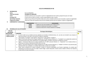 1
CICLO DE APRENDIZAJE Nº 08
I. INFORMACION:
Fecha: Para el 21/02/2015
Título de la lección: PALABRAS DE SABIDURÍA
Tema: Verdades prácticas que nos ayudan a superar la negatividad de este mundo y prepararnos para uno mejor.
Concepto CCE: El buen juicio es todo en la vida, y a veces, puede significar vida o muerte.
Aprendizaje esperado: Explica lo que el libro de Proverbios habla acerca de las verdades prácticas que nos ayudan a superar la negatividad.
Pregunta de análisis: ¿Qué dice el libro de Proverbios acerca de las verdades prácticas que nos ayudan a superar la negatividad?
II. COMPONENTES Y CAPACIDADES
COMPONENTES CAPACIDADES
SABER Señala los actos de humildad como evidencia de fe
SENTIR Muestra la disposición de ayudar a su prójimo
HACER Expresa la educación cristiana mediante el modelaje
III. DESARROLLO DE LAS ACTIVIDADES
Ciclo del
aprendizaje
Estrategias Metodológicas Tiempo
MOTIVACION
 Captar el interés
 Saberes previos
CONEXIÓN:
 Es común hallar en las ciudades personas pidiendo una moneda, vendiendo dulces, etc. ¿Les das una moneda? ¿Les compras el
dulce que ofrecen? ¿Por qué si o por qué no? Explica tu respuesta.
 ¿Qué significa “humildad”? ¿Qué significa “disposición”? ¿Qué significa “modelar”?
 Según el Diccionario Manual de la Lengua Española Vox. © 2007 Larousse Editorial, S.L. “humildad” es la cualidad del carácter de
una persona que le hace restar importancia a sus propios logros y virtudes y reconocer sus defectos y errores.
 Según el Diccionario Manual de la Lengua Española Vox. © 2007 Larousse Editorial, S.L. “disposición” es el estado anímico o
actitud que se muestra, especialmente para hacer una cosa.
 Según el Diccionario Manual de la Lengua Española Vox. © 2007 Larousse Editorial, S.L. “modelar” es formar a una persona para
que desarrolle unas cualidades o un carácter determinado, acorde con un modelo.
 Todos somos productos de nuestro ambiente. Aunque la herencia desempeña una función importante, los valores que
sostenemos nos vienen de lo que nos rodea: nuestro hogar, nuestra educación, nuestra cultura. Desde la infancia nos impactan
lo que vemos y lo que escuchamos.
5´
 