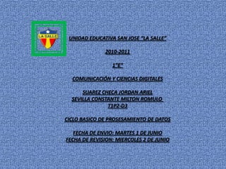 UNIDAD EDUCATIVA SAN JOSE “LA SALLE” 2010-2011 1”E” COMUNICACIÓN Y CIENCIAS DIGITALES SUAREZ CHECA JORDAN ARIEL SEVILLA CONSTANTE MILTON ROMULO  T1P2-D3 CICLO BASICO DE PROSESAMIENTO DE DATOS FECHA DE ENVIO: MARTES 1 DE JUNIO FECHA DE REVISION: MIERCOLES 2 DE JUNIO 