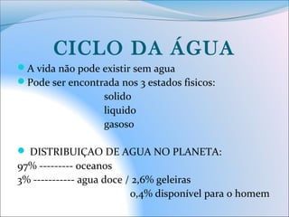 CICLO DA ÁGUA
A vida não pode existir sem agua
Pode ser encontrada nos 3 estados fisicos:
solido
liquido
gasoso
 DISTRIBUIÇAO DE AGUA NO PLANETA:
97% --------- oceanos
3% ----------- agua doce / 2,6% geleiras
0,4% disponível para o homem
 