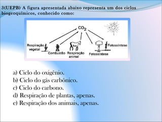 3(UEPB) A figura apresentada abaixo representa um dos ciclos
biogeoquímicos, conhecido como:
a) Ciclo do oxigênio.
b) Ciclo do gás carbônico.
c) Ciclo do carbono.
d) Respiração de plantas, apenas.
e) Respiração dos animais, apenas.
 