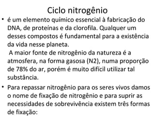 Ciclo nitrogênio 
• é um elemento químico essencial à fabricação do 
DNA, de proteínas e da clorofila. Qualquer um 
desses compostos é fundamental para a existência 
da vida nesse planeta. 
A maior fonte de nitrogênio da natureza é a 
atmosfera, na forma gasosa (N2), numa proporção 
de 78% do ar, porém é muito difícil utilizar tal 
substância. 
• Para repassar nitrogênio para os seres vivos damos 
o nome de fixação de nitrogênio e para suprir as 
necessidades de sobrevivência existem três formas 
de fixação: 
 