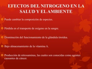 EFECTOS DEL NITROGENO EN LA
SALUD Y ELAMBIENTE
 Puede cambiar la composición de especies.
 Pérdida en el transporte de oxígeno en la sangre.
 Disminución del funcionamiento de la glándula tiroidea.
 Bajo almacenamiento de la vitamina A.
 Producción de nitrosaminas, las cuales son conocidas como agentes
causantes de cáncer.
 