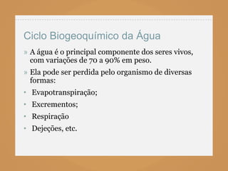 Ciclo Biogeoquímico da Água
» A água é o principal componente dos seres vivos,
  com variações de 70 a 90% em peso.
» Ela pode ser perdida pelo organismo de diversas
  formas:
• Evapotranspiração;
• Excrementos;
• Respiração
• Dejeções, etc.
 