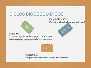 CICLOS BIOGEOQUÍMICOS
                                            Porquê QUÍMICO?
                                            Pois são ciclos de elementos químicos!




Porquê BIO?
Porque os organismos interagem no processo de
síntese orgânica e decomposição dos elementos.



                                      GEO

                 Porquê GEO?
                 Porque o meio terrestre é a fonte dos elementos.
 