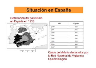 Situación en España
Distribución del paludismo
en España en 1933




                             Casos de Malaria declarados por
                             la Red Nacional de Vigilancia
                             Epidemiológica
 