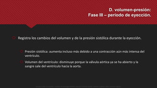  Registra los cambios del volumen y de la presión sistólica durante la eyección.
 Presión sistólica: aumenta incluso más debido a una contracción aún más intensa del
ventrículo.
 Volumen del ventrículo: disminuye porque la válvula aórtica ya se ha abierto y la
sangre sale del ventrículo hacia la aorta.
D. volumen-presión:
Fase III – período de eyección.
Guyton y Hall. El Corazón. Tratado de Fisiología Médica, Decimo Tercera Edición. Elsevier. España. 2016. (versión digital).
 