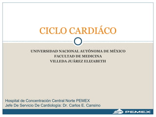 UNIVERSIDAD NACIONAL AUTÓNOMA DE MÉXICO FACULTAD DE MEDICINA VILLEDA JUÁREZ ELIZABETH CICLO CARDIÁCO Hospital de Concentración Central Norte PEMEX Jefe De Servicio De Cardiología: Dr. Carlos E. Cansino 