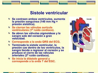 Sistole ventricular
Se contraen ambos ventrículos, aumenta
la presión sanguínea (140 mm Hg =
presión sistólica).
Se cierran las válvulas aurícula
ventriculares (1º ruido cardiaco).
Se abren las válvulas sigmoideas y la
sangre sale del corazón a gran
velocidad.
Corresponde a la onda QRS del ECG.
Terminada la sístole ventricular, la
presión cae dentro de los ventrículos, la
sangre tiende a regresar al corazón y se
produce el cierre de las válvulas
arteriales (2º ruido cardiaco).
Se inicia la diástole general y
corresponde a la onda T del EGC.
 