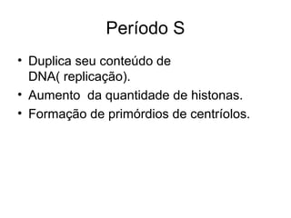 Período S
• Duplica seu conteúdo de
DNA( replicação).
• Aumento da quantidade de histonas.
• Formação de primórdios de centríolos.
 