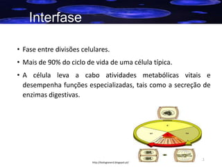 Interfase
• Fase entre divisões celulares.
• Mais de 90% do ciclo de vida de uma célula típica.
• A célula leva a cabo atividades metabólicas vitais e
desempenha funções especializadas, tais como a secreção de
enzimas digestivas.

http://biologianerd.blogspot.pt/

11

 