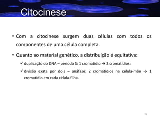 Citocinese
• Com a citocinese surgem duas células com todos os
componentes de uma célula completa.
• Quanto ao material genético, a distribuição é equitativa:
 duplicação do DNA – período S: 1 cromatídio → 2 cromatídios;
 divisão exata por dois – anáfase: 2 cromatídios na célula-mãe → 1
cromatídio em cada célula-filha.

26

 