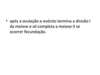 • após a ovulação o ovócito termina a divisão I
da meiose e só completa a meiose II se
ocorrer fecundação.
 