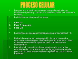  Los pasos preparatorios que conducen a la meiosis sonLos pasos preparatorios que conducen a la meiosis son
idénticos en patrón y nombre a la interfase del ciclo mitótico deidénticos en patrón y nombre a la interfase del ciclo mitótico de
la célula.la célula.
 La interfase se divide en tres fases:La interfase se divide en tres fases:
1.1. Fase G1Fase G1
2.2. Fase S (síntesis)Fase S (síntesis)
3.3. Fase G2Fase G2
 La interfase es seguida inmediatamente por la meiosis I y II.La interfase es seguida inmediatamente por la meiosis I y II.
1.1. Meiosis I consiste en la segregación de cada uno de losMeiosis I consiste en la segregación de cada uno de los
cromosomas homólogos, dividiendo posteriormente la célulacromosomas homólogos, dividiendo posteriormente la célula
diploide en dos células diploides pero con la mitad dediploide en dos células diploides pero con la mitad de
cromosomas.cromosomas.
2.2. La meiosis II consiste en desemparejar cada uno de lasLa meiosis II consiste en desemparejar cada uno de las
cromátidas del cromosoma, que se segregarán una a cadacromátidas del cromosoma, que se segregarán una a cada
polo, con lo que tras una división se producen cuatro célulaspolo, con lo que tras una división se producen cuatro células
haploides.haploides.
 