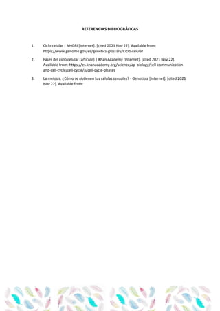 REFERENCIAS BIBLIOGRÁFICAS
1. Ciclo celular | NHGRI [Internet]. [cited 2021 Nov 22]. Available from:
https://www.genome.gov/es/genetics-glossary/Ciclo-celular
2. Fases del ciclo celular (artículo) | Khan Academy [Internet]. [cited 2021 Nov 22].
Available from: https://es.khanacademy.org/science/ap-biology/cell-communication-
and-cell-cycle/cell-cycle/a/cell-cycle-phases
3. La meiosis: ¿Cómo se obtienen tus células sexuales? - Genotipia [Internet]. [cited 2021
Nov 22]. Available from: https://genotipia.com/meiosis/
 