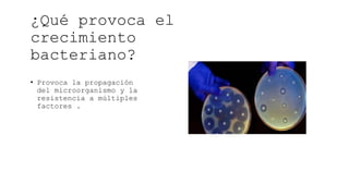 ¿Qué provoca el
crecimiento
bacteriano?
• Provoca la propagación
del microorganismo y la
resistencia a múltiples
factores .
 