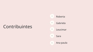 Contribuintes
Ana paula
Roberta
Gabriela
Leucimar
Sara
5
4
3
2
1
 