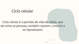 Ciclo celular
Ciclo celular é o período de vida da célula, que
tal como as pessoas, também nascem, crescem e
se reproduzem.
 