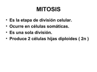 MITOSIS
• Es la etapa de división celular.
• Ocurre en células somáticas.
• Es una sola división.
• Produce 2 células hijas diploides ( 2n )
 
