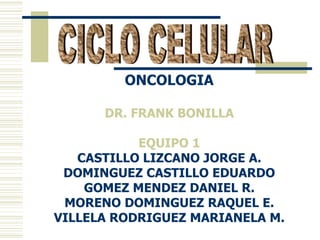 ONCOLOGIA
DR. FRANK BONILLA
EQUIPO 1
CASTILLO LIZCANO JORGE A.
DOMINGUEZ CASTILLO EDUARDO
GOMEZ MENDEZ DANIEL R.
MORENO DOMINGUEZ RAQUEL E.
VILLELA RODRIGUEZ MARIANELA M.
 