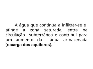 A água que continua a infiltrar-se e
atinge a zona saturada, entra na
circulação subterrânea e contribui para
um aumento da água armazenada
(recarga dos aquíferos).
 