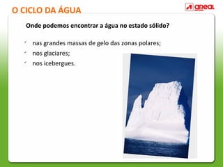 O CICLO DA ÁGUA
Onde podemos encontrar a água no estado sólido?




nas grandes massas de gelo das zonas polares;
nos glaciares;
nos icebergues.

 