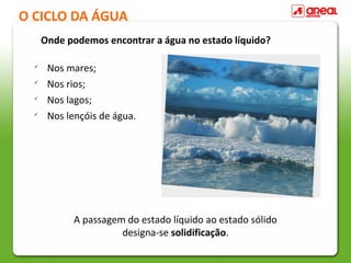 O CICLO DA ÁGUA
Onde podemos encontrar a água no estado líquido?





Nos mares;
Nos rios;
Nos lagos;
Nos lençóis de água.

A passagem do estado líquido ao estado sólido
designa-se solidificação.

 