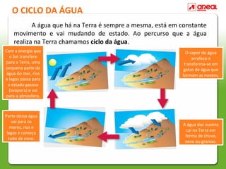 O CICLO DA ÁGUA
A água que há na Terra é sempre a mesma, está em constante
movimento e vai mudando de estado. Ao percurso que a água
realiza na Terra chamamos ciclo da água.
Com a energia que
o Sol transfere
para a Terra, uma
pequena parte da
água do mar, rios
e lagos passa para
o estado gasoso
(evapora) e vai
para a atmosfera.

Parte dessa água
vai para os
mares, rios e
lagos e começa
tudo de novo.

O vapor de água
arrefece e
transforma-se em
gotas de água que
formam as nuvens.

A água das nuvens
cai na Terra em
forma de chuva,
neve ou granizo.

 