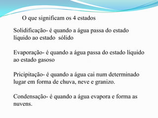 O que significam os 4 estados

Solidificação- é quando a água passa do estado
líquido ao estado sólido

Evaporação- é quando a água passa do estado líquido
ao estado gasoso

Pricipitação- é quando a água cai num determinado
lugar em forma de chuva, neve e granizo.

Condensação- é quando a água evapora e forma as
nuvens.
 