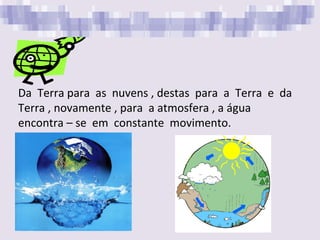 Da  Terra para  as  nuvens , destas  para  a  Terra  e  da Terra , novamente , para  a atmosfera , a água encontra – se  em  constante  movimento. 