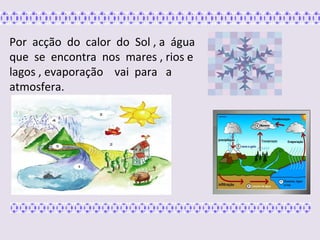Por  acção  do  calor  do  Sol , a  água  que  se  encontra  nos  mares , rios e  lagos , evaporação  vai  para  a  atmosfera. 