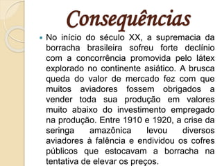 Consequências
 No início do século XX, a supremacia da
borracha brasileira sofreu forte declínio
com a concorrência promovida pelo látex
explorado no continente asiático. A brusca
queda do valor de mercado fez com que
muitos aviadores fossem obrigados a
vender toda sua produção em valores
muito abaixo do investimento empregado
na produção. Entre 1910 e 1920, a crise da
seringa amazônica levou diversos
aviadores à falência e endividou os cofres
públicos que estocavam a borracha na
tentativa de elevar os preços.
 
