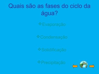 Quais são as fases do ciclo da
água?
Evaporação
Condensação
Solidificação
Precipitação
 
