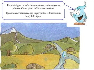 Parte da água introduziu-se na terra e alimentou as
plantas. Outra parte infiltrou-se no solo.
Quando encontrou rochas impermeáveis formou um
lençol de água.
 