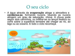 O seu ciclo A água através da  evaporação  atinge a atmosfera e  condensa-se , formando nuvens. Quando as nuvens atingem um grau de saturação, chove. A chuva pode seguir dois caminhos, ou infiltrar-se no lençol freático ou corre sobre a superfície terrestre até chegar ao rio, ao lago ou ao oceano. E todo o ciclo recomeça . 