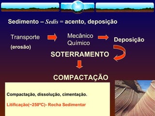 Sedimento – Sedis = acento, deposição
Transporte
(erosão)

Mecânico
Químico

SOTERRAMENTO
COMPACTAÇÃO
Compactação, dissolução, cimentação.
Litificação(~250ºC)- Rocha Sedimentar

Deposição

 