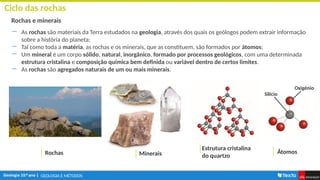 GEOLOGIA E MÉTODOS
Ciclo das rochas
Rochas e minerais
― As rochas são materiais da Terra estudados na geologia, através dos quais os geólogos podem extrair informação
sobre a história do planeta;
― Tal como toda a matéria, as rochas e os minerais, que as constituem, são formados por átomos;
― Um mineral é um corpo sólido, natural, inorgânico, formado por processos geológicos, com uma determinada
estrutura cristalina e composição química bem definida ou variável dentro de certos limites.
― As rochas são agregados naturais de um ou mais minerais.
Silício
Oxigénio
Rochas Minerais
Estrutura cristalina
do quartzo
Átomos
 