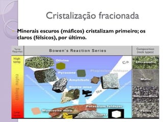 Cristalização fracionada
 Minerais escuros (máficos) cristalizam primeiro; os
claros (félsicos), por último.
 